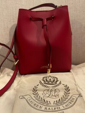 Lauren Ralph Lauren Red Leather Drawstring Crossbody Bag with Gold Tone Hardware